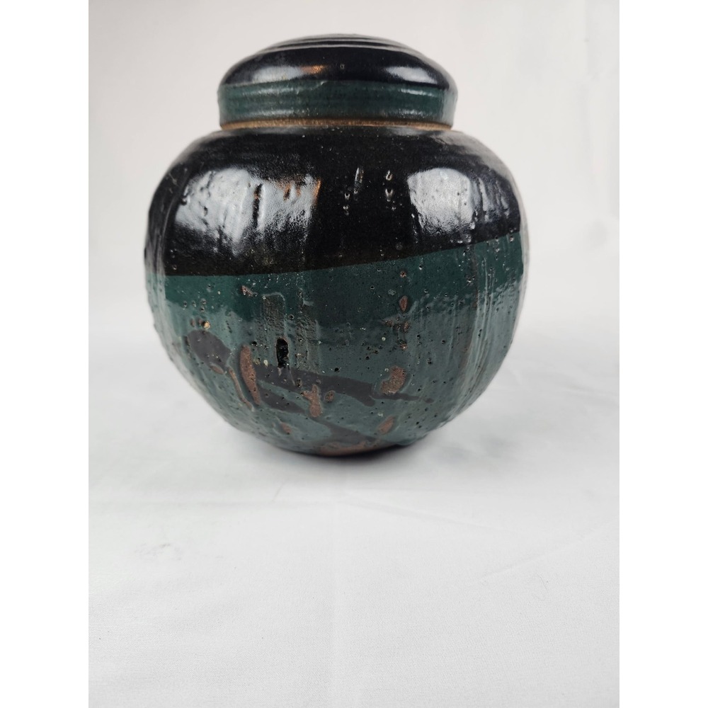 Big Studio Pottery Ginger Jar Lidded Canister Green Black Glaze Signed NS Decor‎